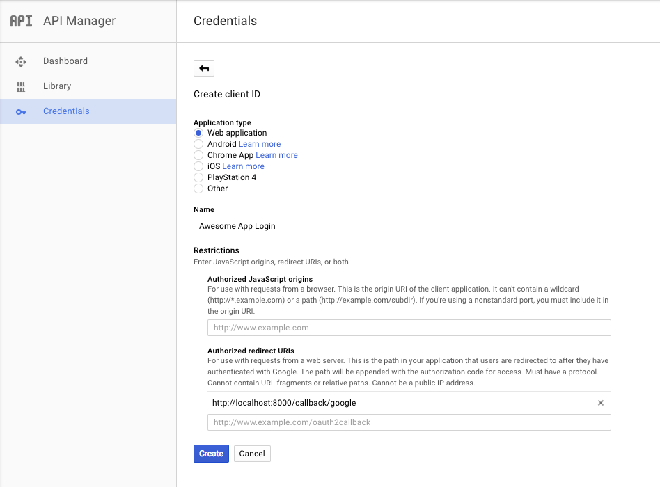 Configuring Google+ Credentials